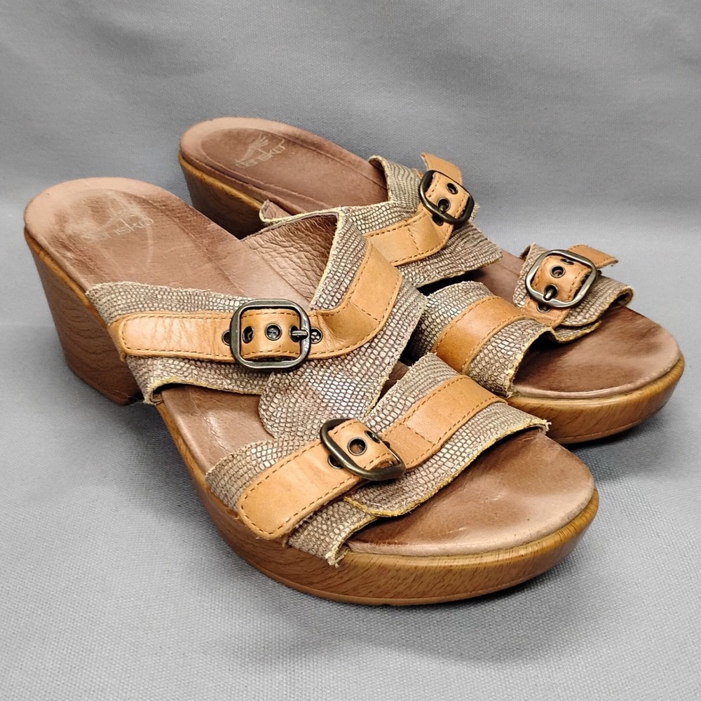 Dansko Women Tan Snake Print Leather Buckle Wedge Slide Sandals Size 39